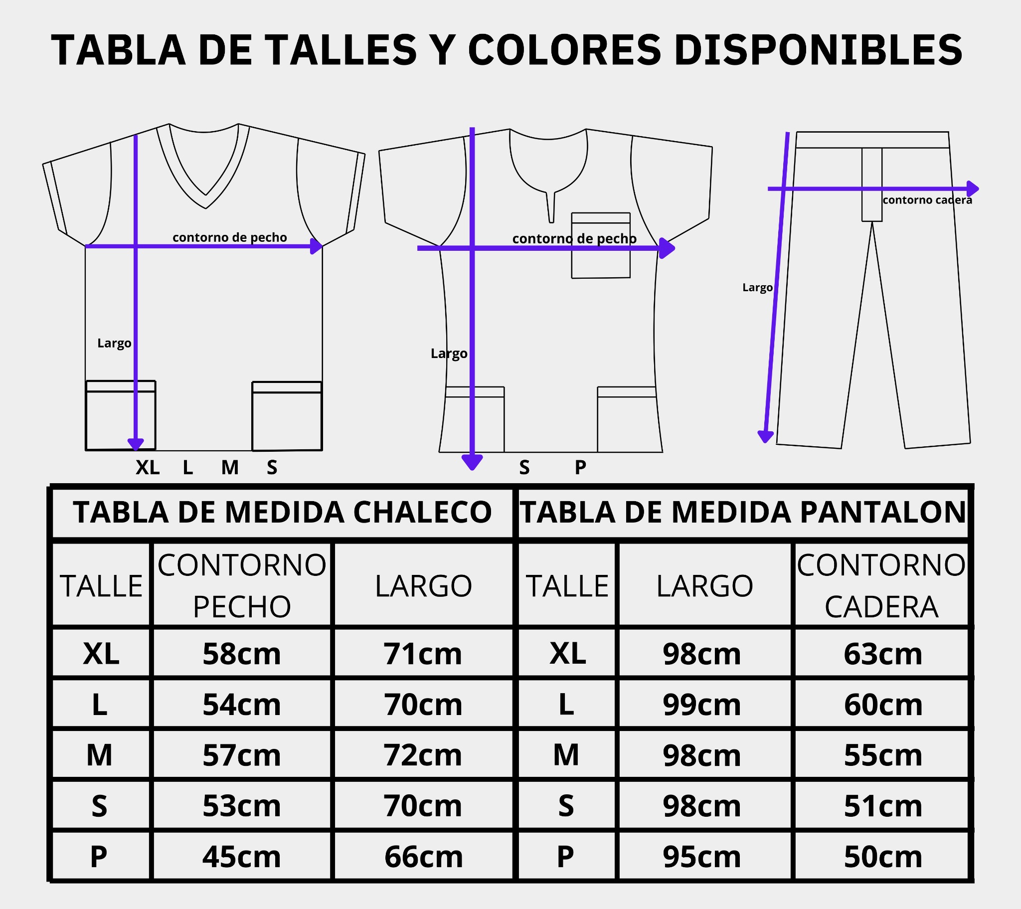 Diagrama de cómo se miden el pecho y largo de la chaqueta, y la cadera y largo del pantalón